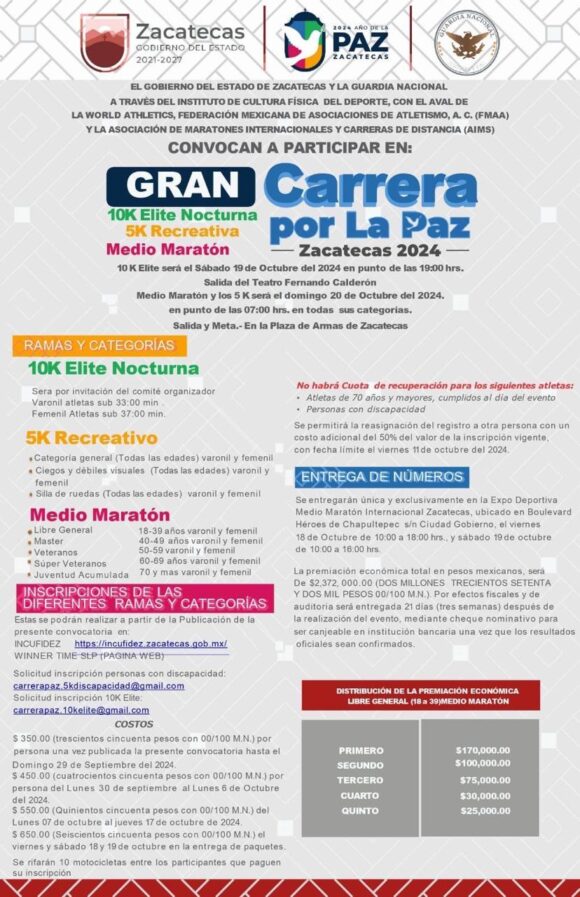 GARANTIZA GOBIERNO DE ZACATECAS SEGURIDAD VIAL EN LA GRAN CARRERA POR LA PAZ 2024